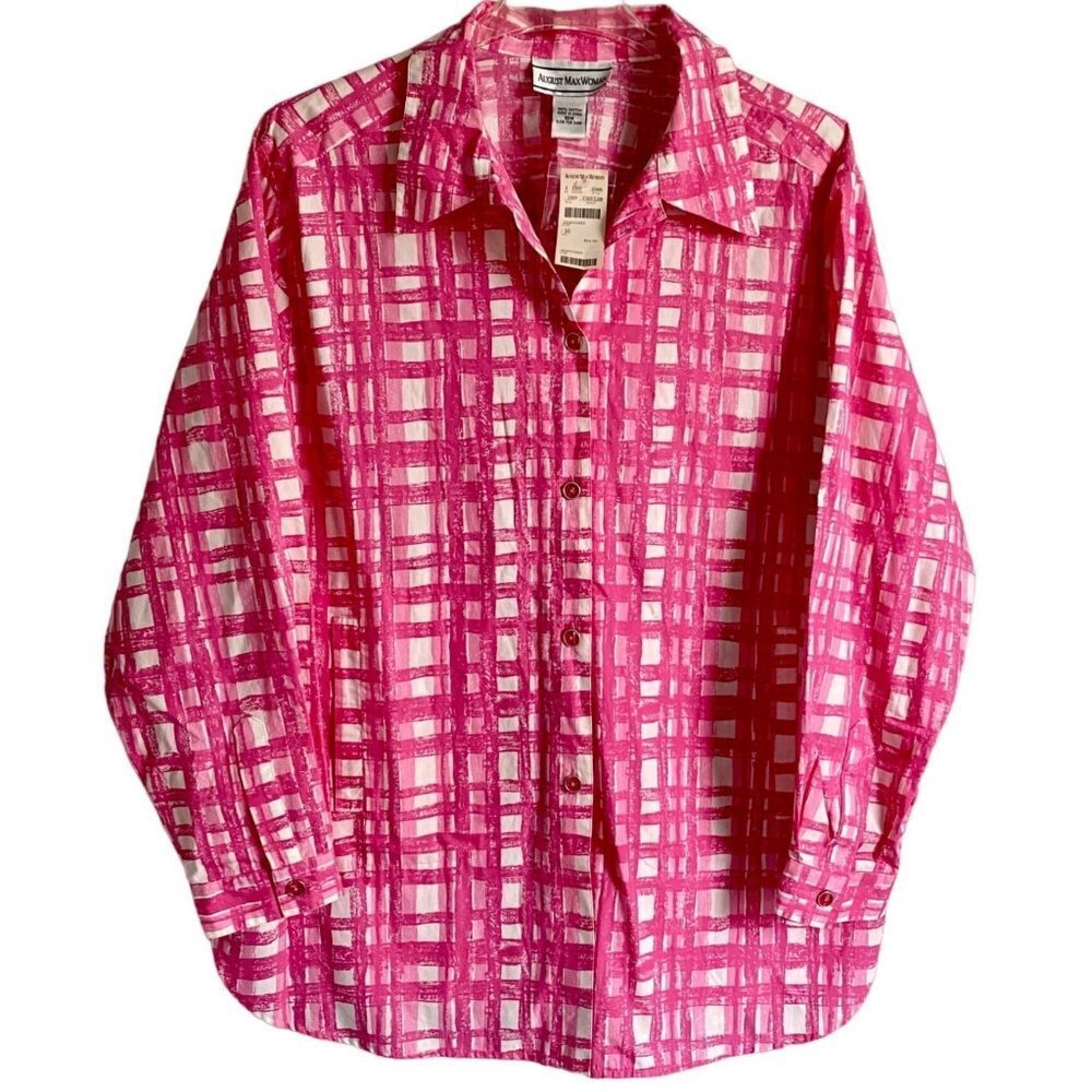August Max Woman Long Sleeve Button Up Top Pink White Size 16W NEW NWT